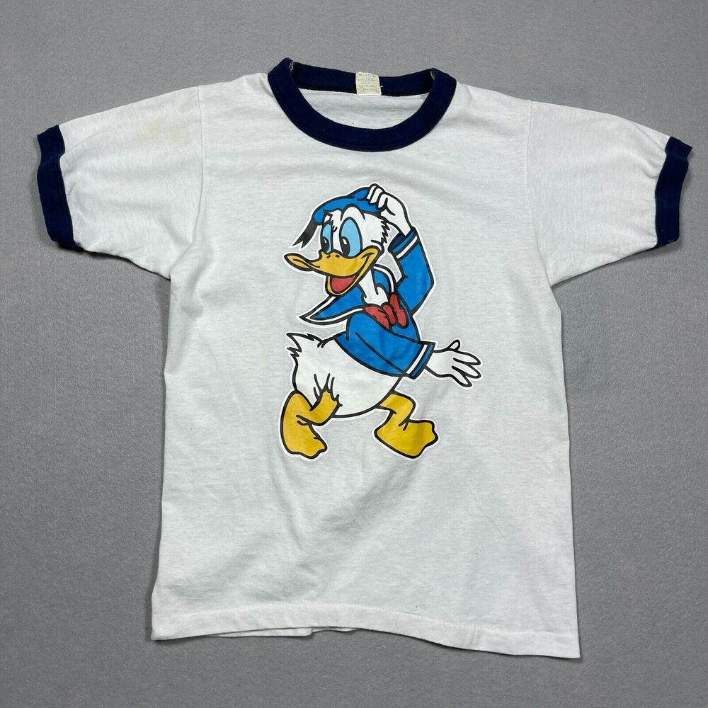 Vintage Donald Duck Shirt Kids 14 16 Ringer White Blue Kidcore Screen Stars 70s
